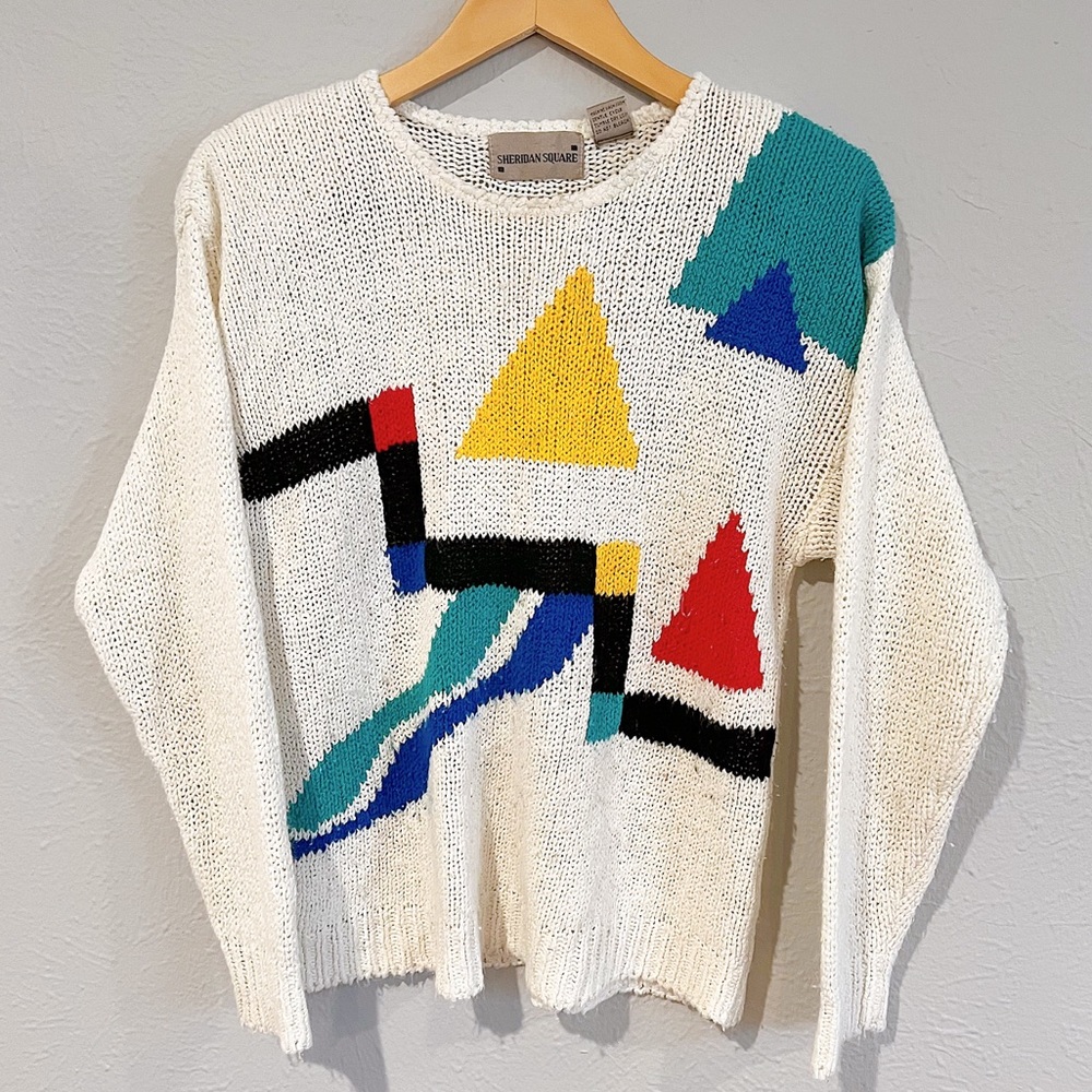 Vintage Sheridan Square geometric 80s bright shape sweater, medium